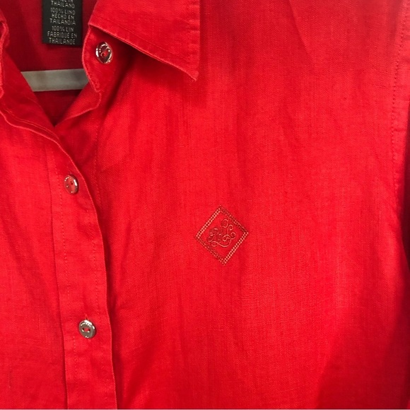 Ralph Lauren Women’s Blouse Top Button Down Red Linen Insignia Cuffed Sleeve - Picture 4 of 9